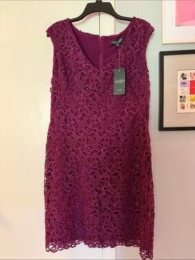 Lauren Ralph Lauren Wine Floral Lace V-Neck Mini Dress